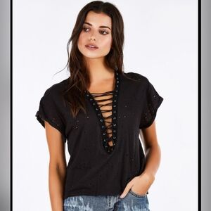 Edgy Black Lace-Up Short Sleeve Top